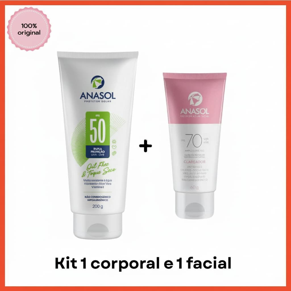 Kit Anasol Protetor Corporal FPS 50 200g  + Anasol Protetor Facial FPS 70 Clareador 60g Vegano