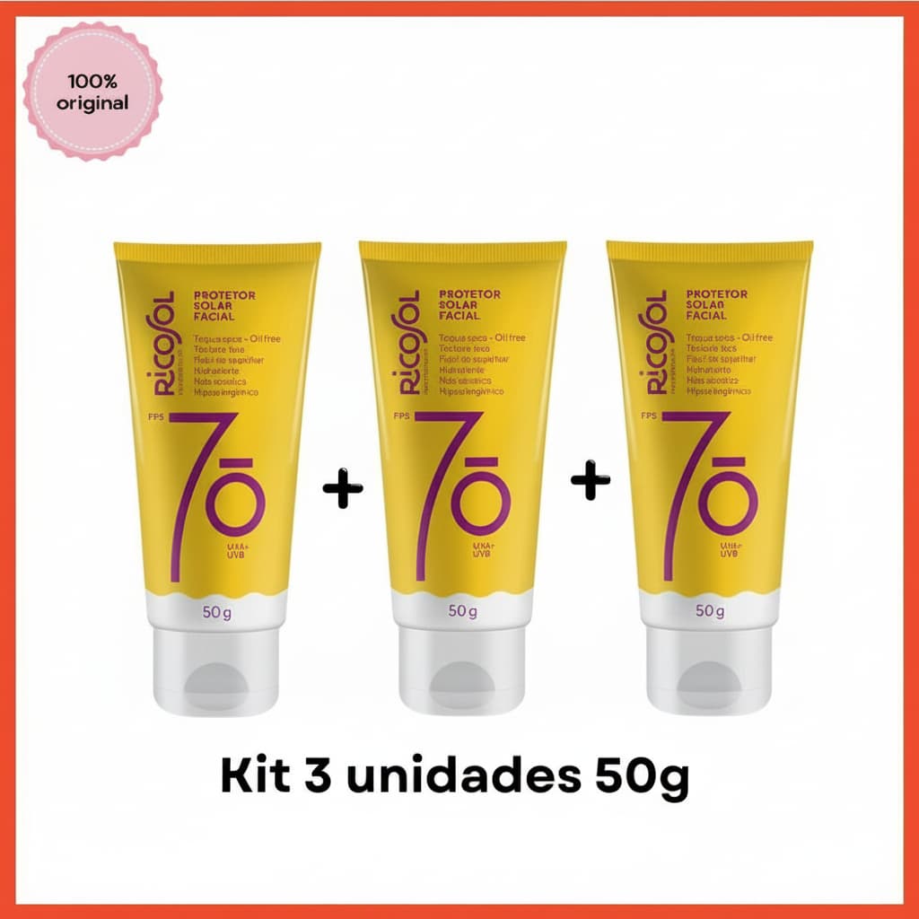 Kit 3 Protetores Solar Facial Ricosol Toque Seco FPS 70 Vegano 50g