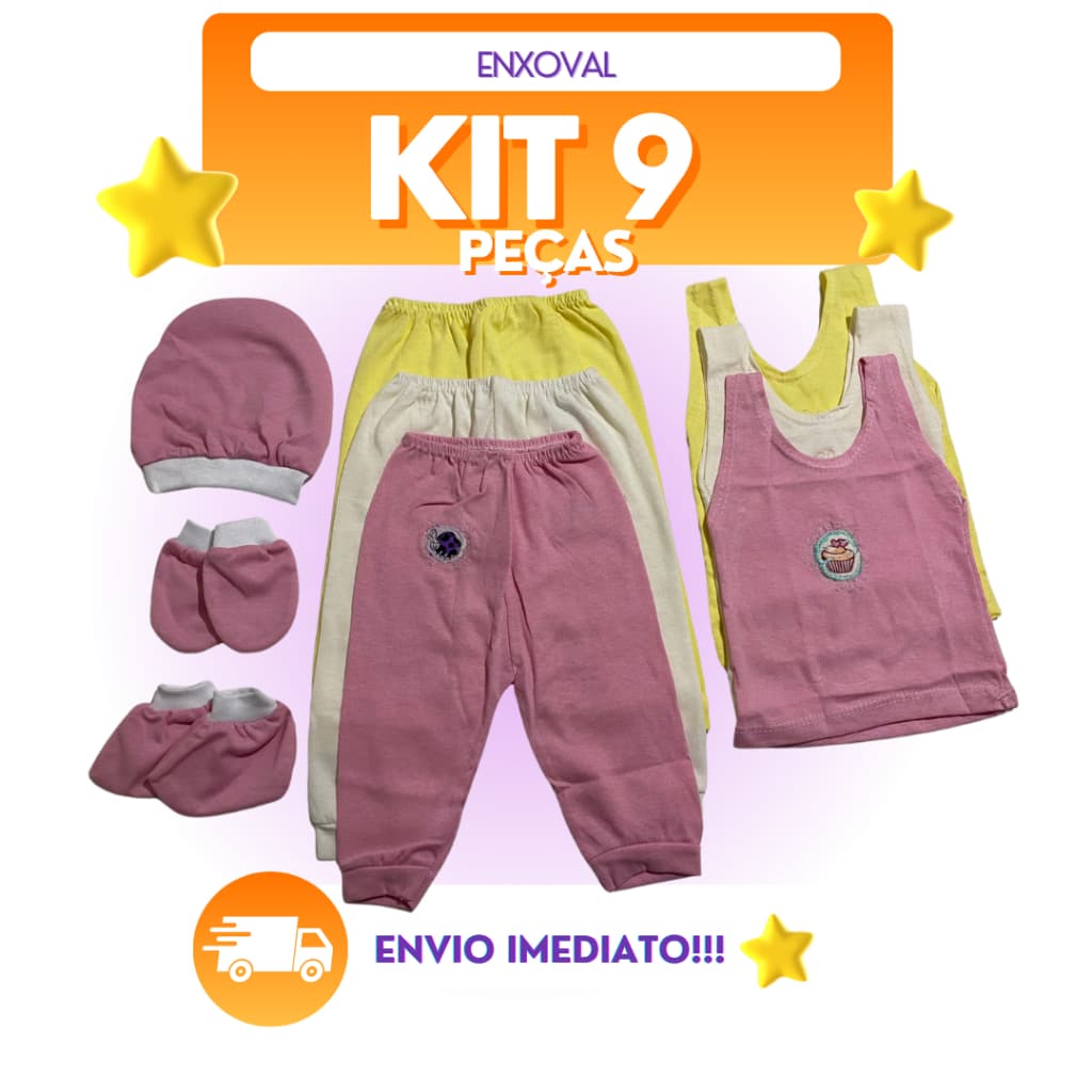 Kit 9 peças Enxoval Bebê Menino ou Menina Camiseta Calça Mijão Algodão Roupas de Bebê Touca