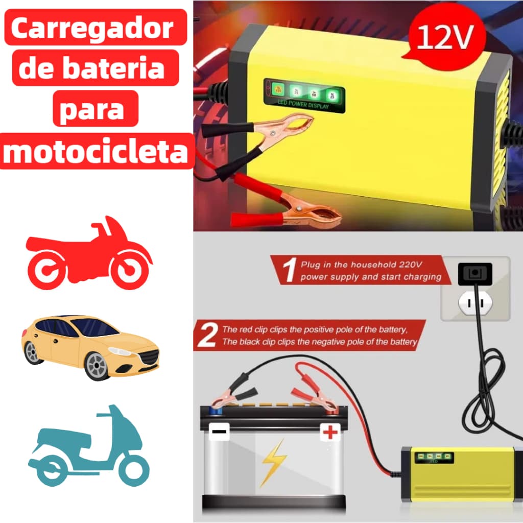 Carregador de bateria de motocicleta carregador de Bateria 12V, 2AH-30AH, com Display LED, para Carros e Motos lay-12V