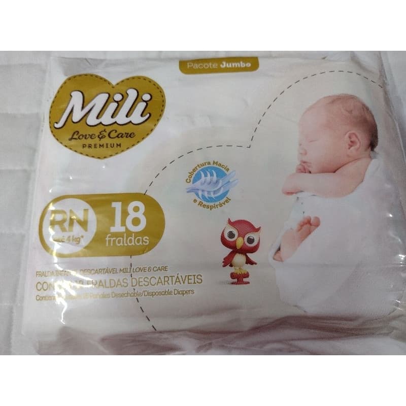 Fraldas Mili Love Care Premium recém nascido até 4 kilos com 18 unidades.