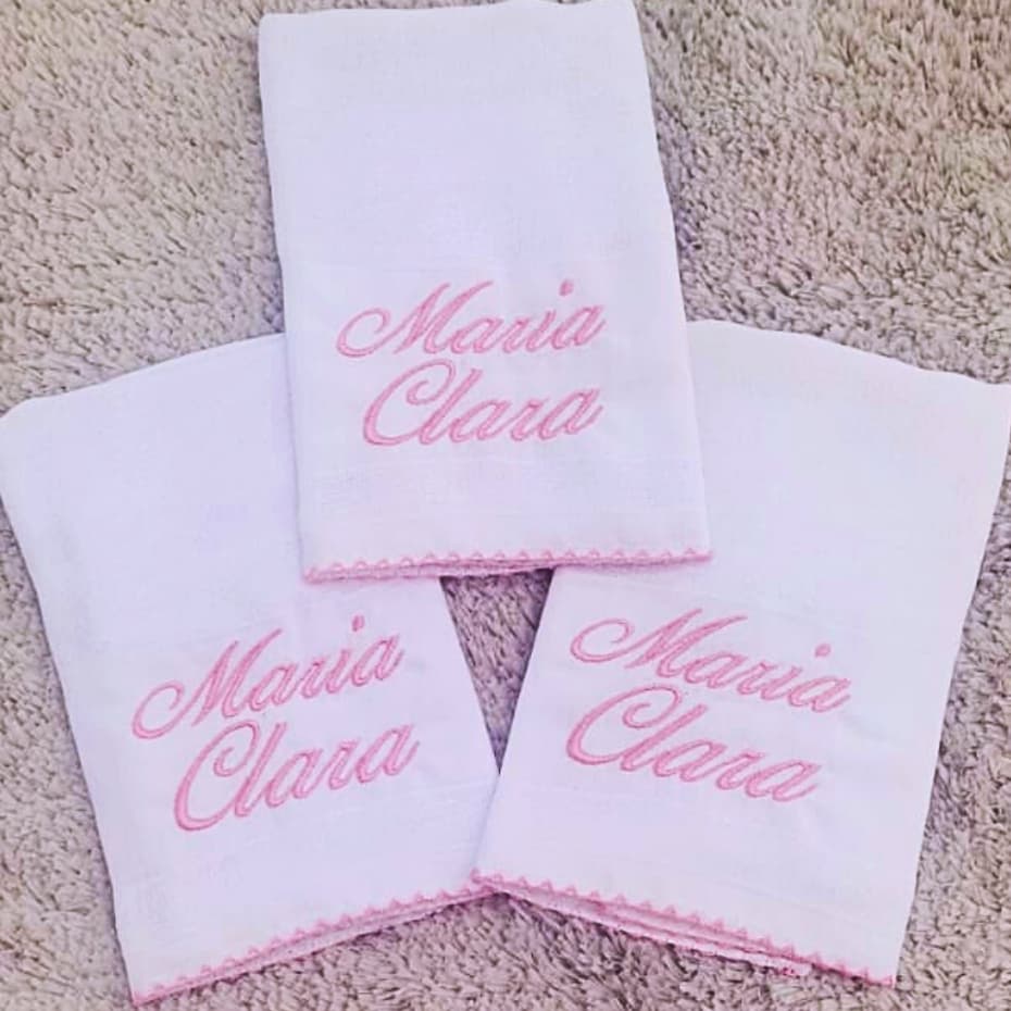 Kit 3 Fraldinhas de Boca Personalizadas com Nome Bordado Bico de Picueta 100% Algodão Bebê Enxoval