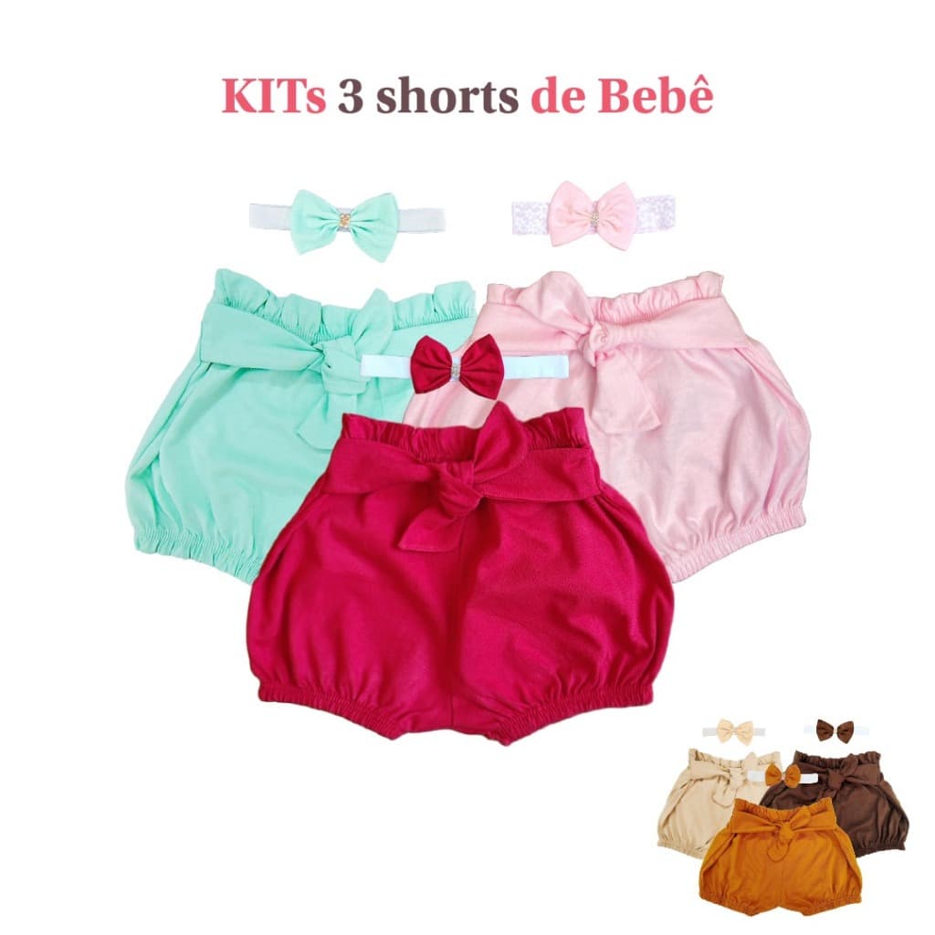 Kit 3 Shorts Bebê Menina Tapa Fralda - Roupa de bebê verão enxoval