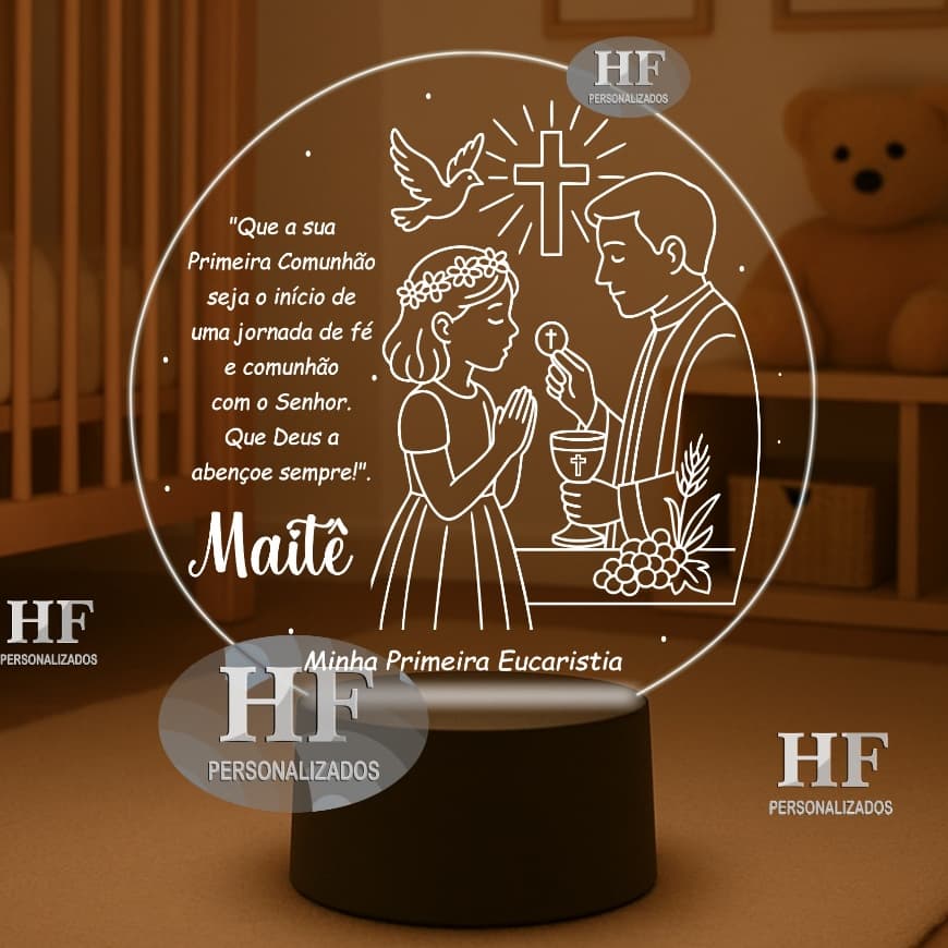 Luminária Led Primeira comunhão - Eucaristia. Abajur Infantil - Nome Personalizado. Religioso