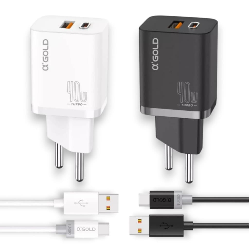 Carregador A'Gold CA42-3 Turbo 40W USB + USB-C 9.1A com Cabo USB-C Carga Rápida