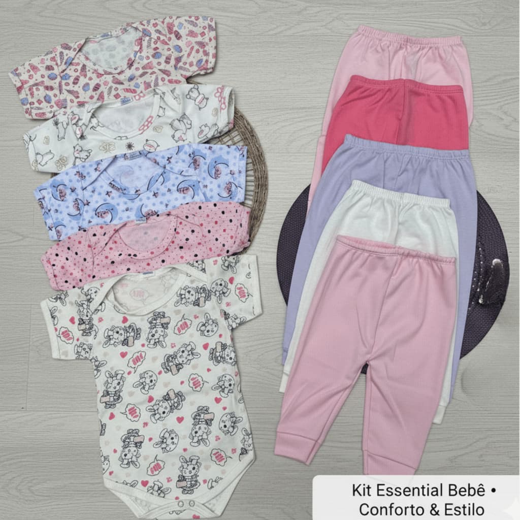 Kit Body Calça Bebê 100% Algodão 10 Peças RN a 9 Meses Enxoval Menino Menina