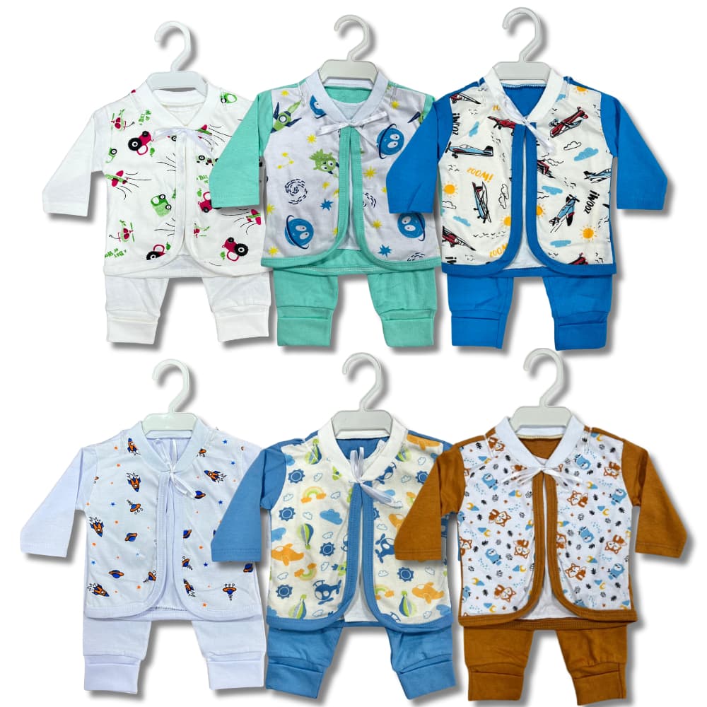 Conjunto Pagão Bebê Recém Nascido Kit 3 Peças Roupa Infantil Menino Enxoval Estampado Tamanho RN 0-3