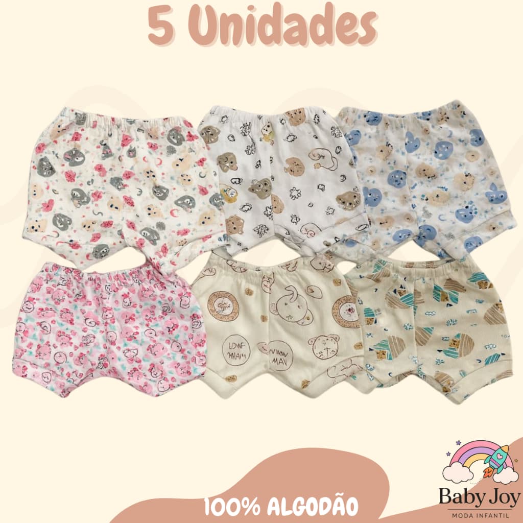 Kit 5 Shorts Bebê Tapa Fralda Ribana Estampada Menino Menina Infantil Algodão Envio Imediato