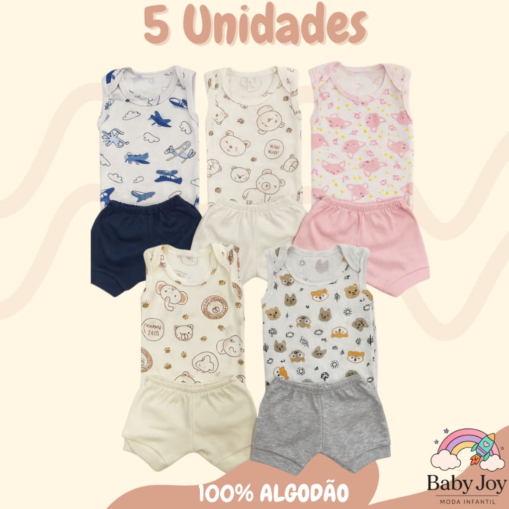 Kit 5 Shorts Liso + Body Regata Ribana Estampado Bebe Infantil Para Bebê Menino E Menina Top