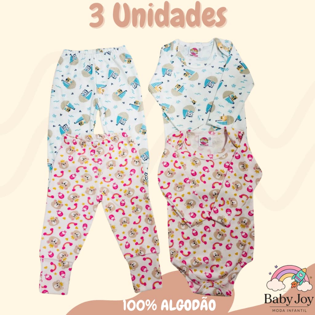 Kit 3 Mijão + Body Manga Longa Ribana Estampada Bebe Infantil Para Bebê Menino E Menina Top