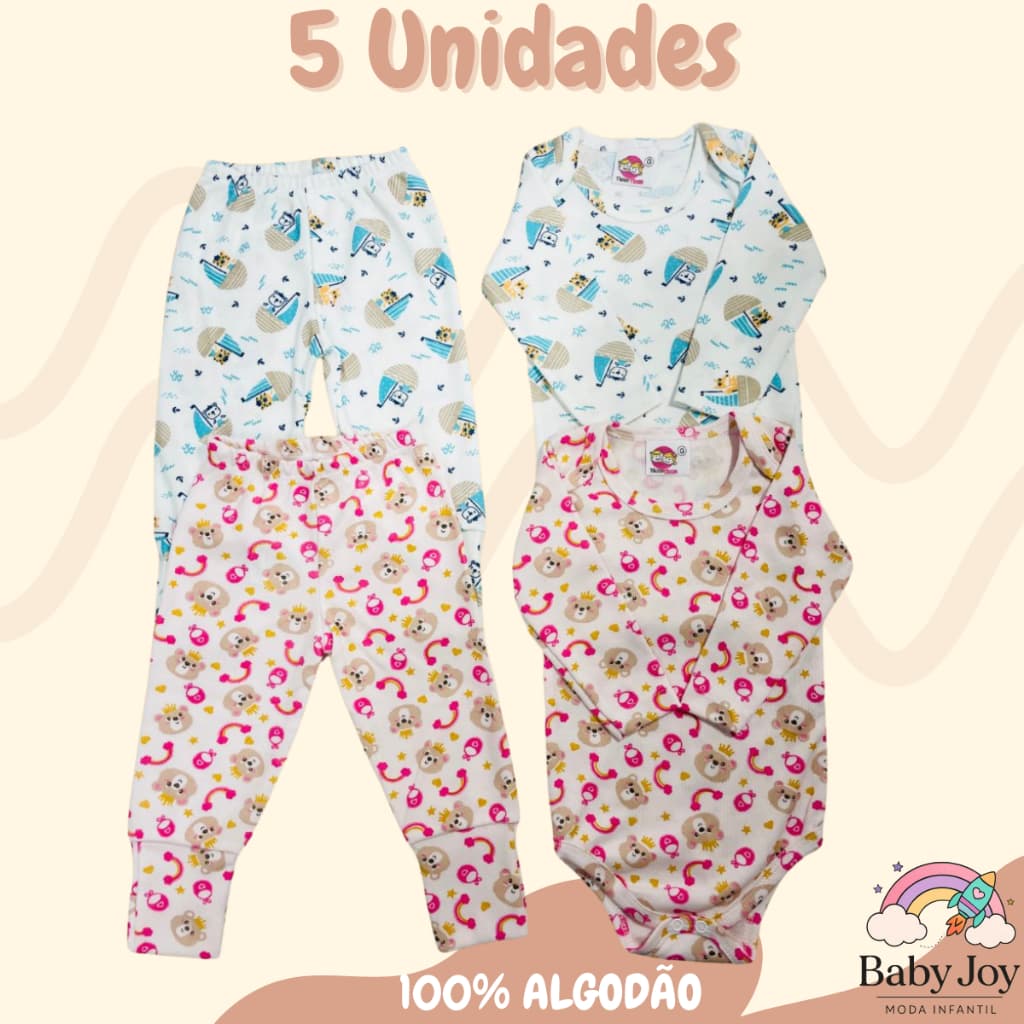 Kit 5 Mijão + Body Manga Longa Ribana Estampada Bebe Infantil Para Bebê Menino E Menina Top