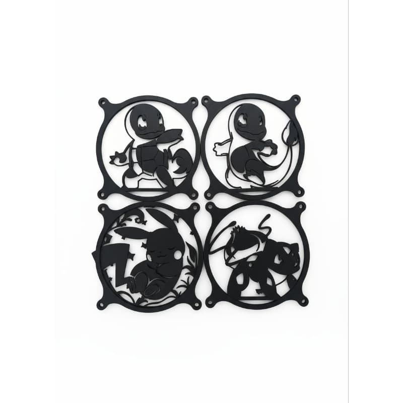 kit 4 Grades Cooler 12cm  Pikachu , Charmander, Bulbasaur Squirtle Preto e Branco Proteção Gamer.