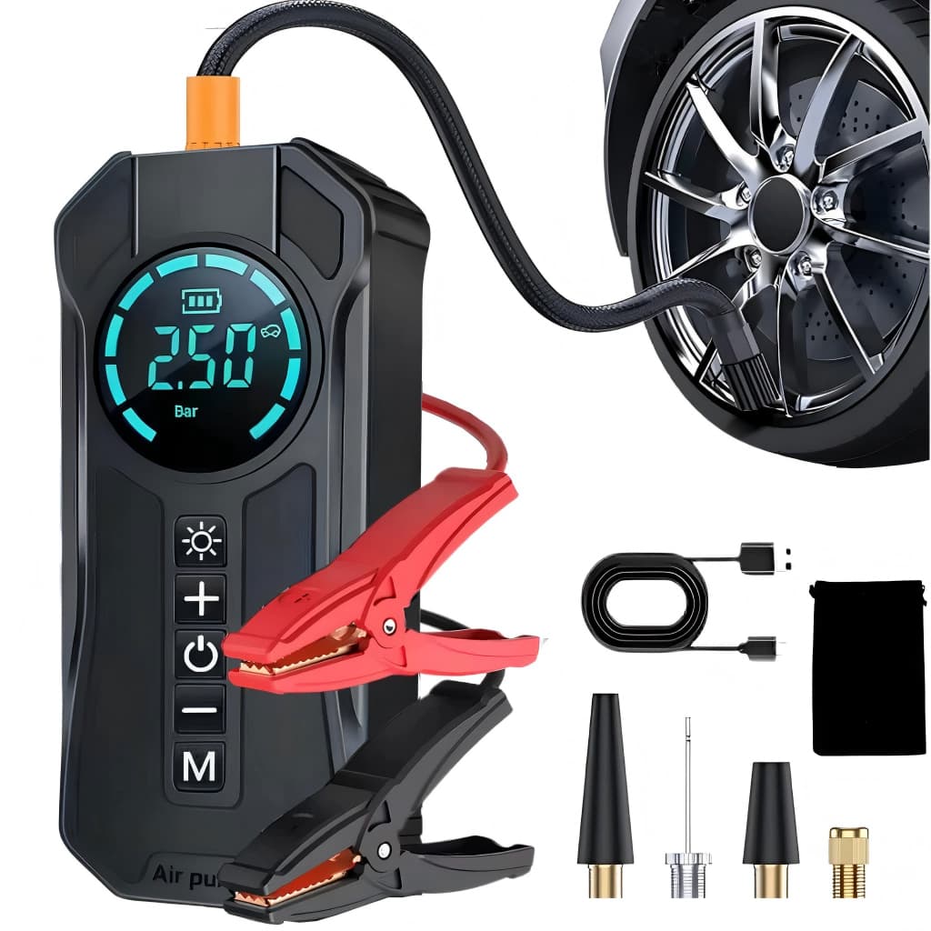 Bomba De Ar Portátil 4 Em 1 Power Bank 8000mAh + Auxiliar De Partida Inflador Digital 12V Carro Moto Bicicleta Pneus