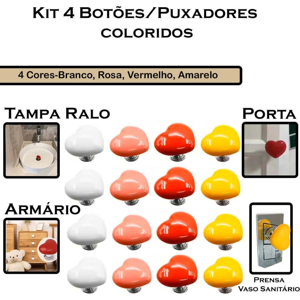 4 Botão Acionador Descarga Caixa Acoplada Vaso Sanitário Coração Puxador Gaveta Porta Armário Penteadeira Auto Adesivo