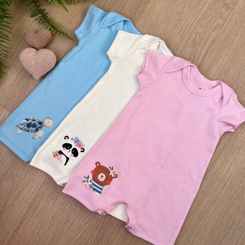 Kit 3 Romper 100% Algodão Bebê Liso e Bordado Infantil Menino Menina Confortável e Fresquinho
