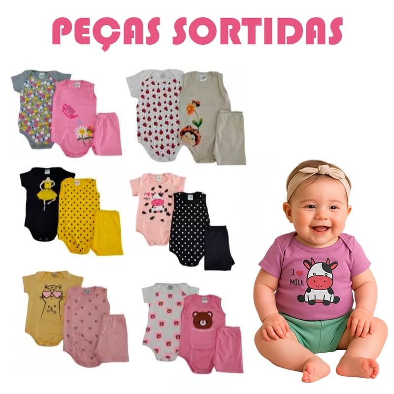 Kit de 3 a 12 Peças Roupa de Bebê Sortido Body de Bebê MENINA Manga Curta – Conjunto de Bebê VERÃO RN–GG