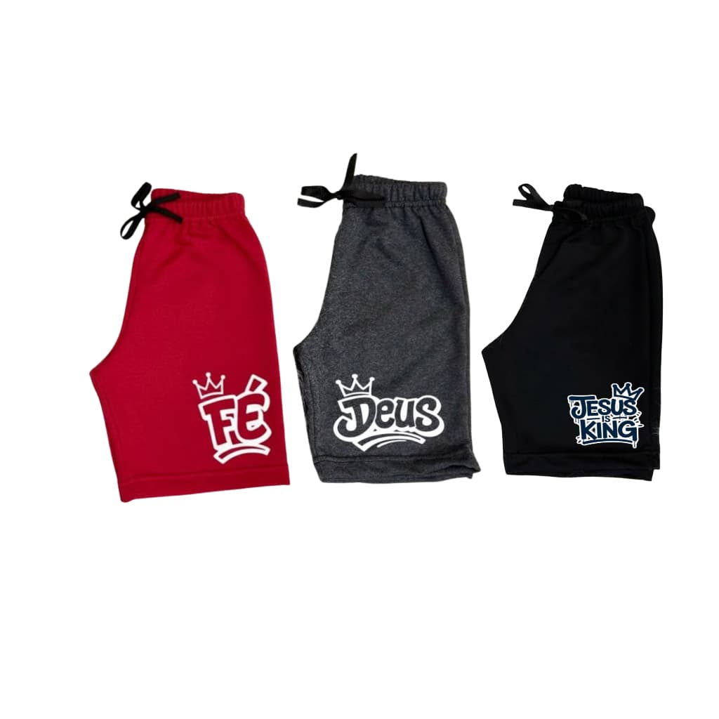 CONJUNTO 3 BERMUDAS/SHORTES/INFANTIL/MOLETOM/MOLTINHO/DEUS/FÉ/GOSPEL