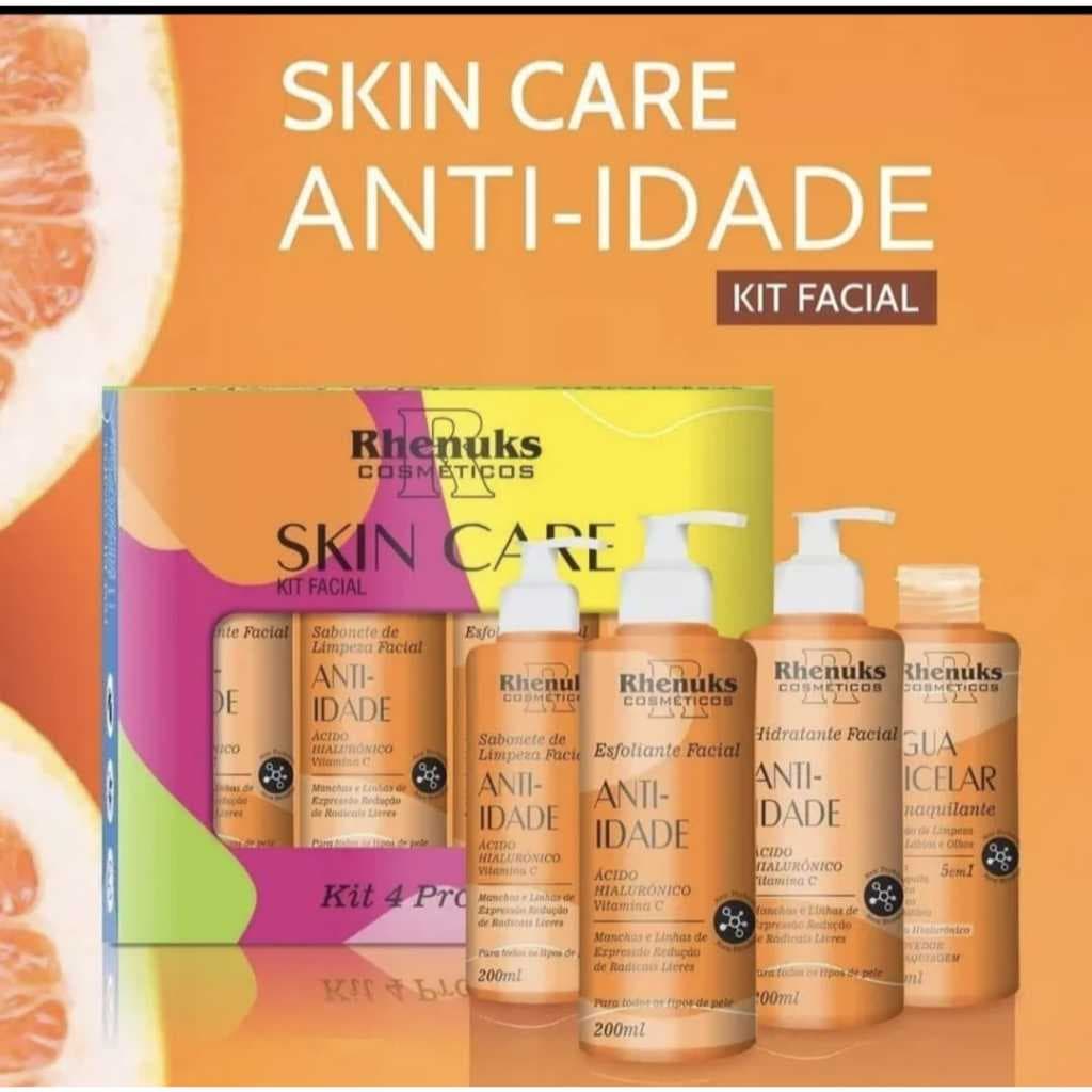 Kit Skin Care Tratamento Facial Anti Idade - 4 Itens - Sabonete Esfoliante Hidratante Demaquilante
