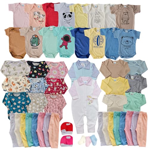 Kit Completo c/ 40 peças Enxoval de Bebê com Body, Mijão, Macacão, Touca, Luva e Meia