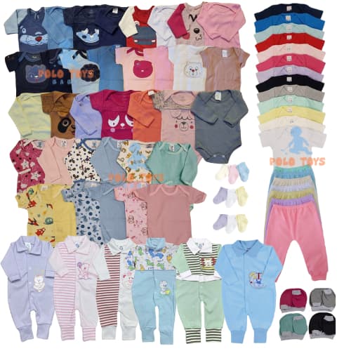 Kit Completo c/ 42 peças Enxoval de Bebê com Body, Mijão, Macacão, Touca, Luva e Meia
