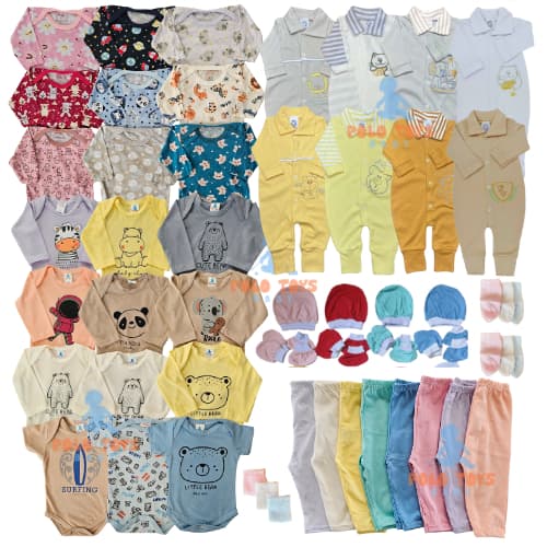 Kit Completo c/ 50 peças Enxoval de Bebê com Body, Mijão, Macacão, Touca, Luva e Mei!00% Algodão