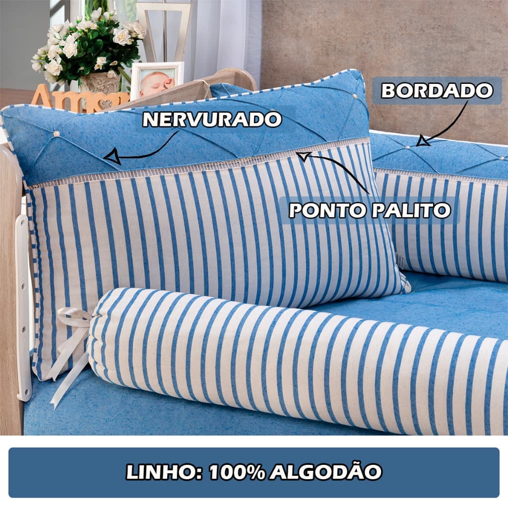 Kit Berço Enxoval de Bebê Padrão Americano Nacional Tecido Linho 100% Algodão Nobreza 09 Peças Luxo