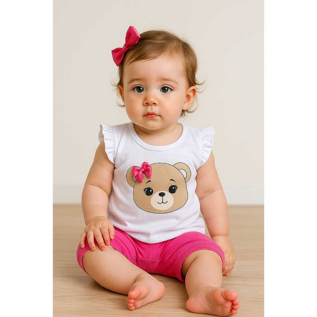 Conjunto Bebê Menina verão Bermuda e Blusa com manga franzida