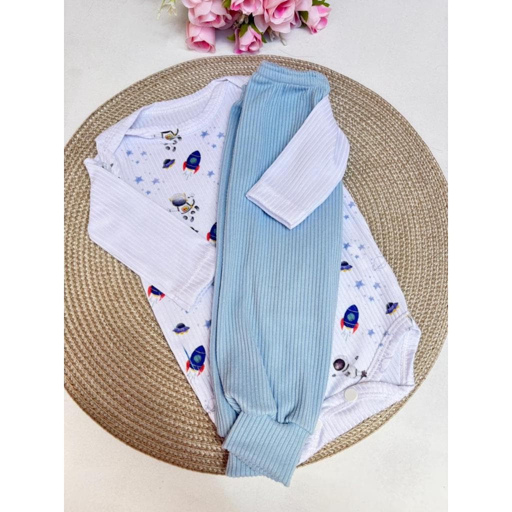 kit 2 peças Body e Calça  Manga Longa Enxoval Roupa de Bebê Menino do Rn ao P Canelado Recém Nascido