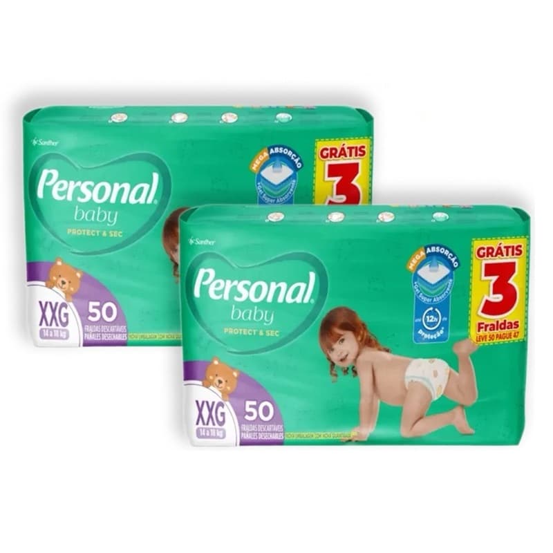 Kit 2ptes Fralda Personal Baby 14 a 18kg XXG 50un - Total 100un HIPER AB.2