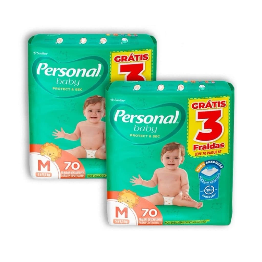 Kit 2ptes Fralda Personal Baby 5 a 9,5 kg M 70un - Total 140un HIPER AB.2