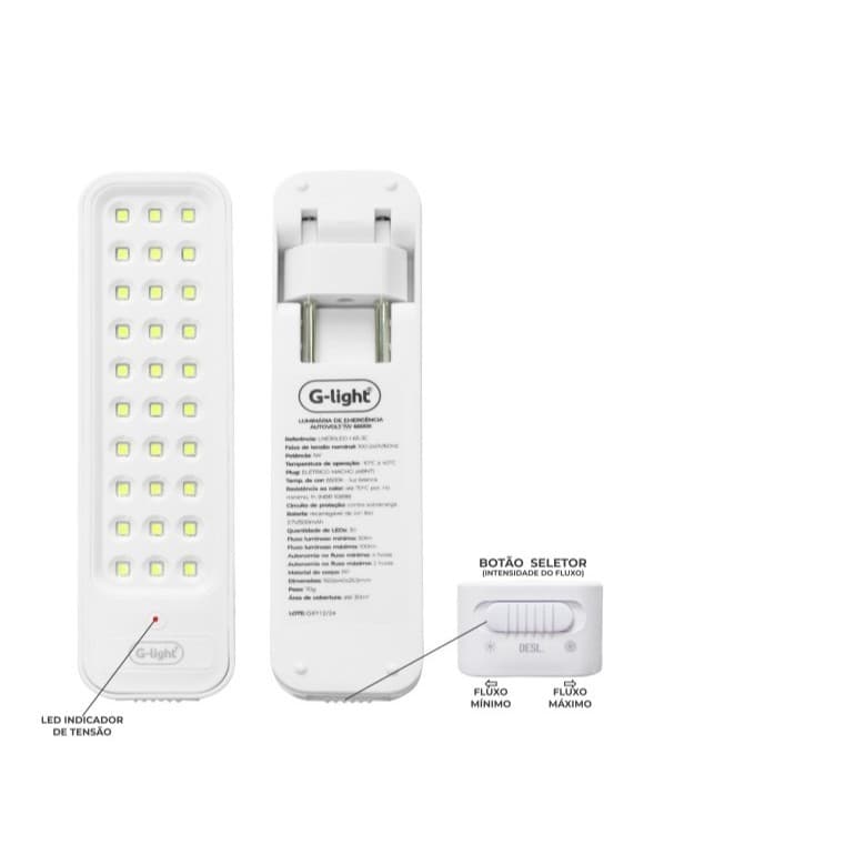 Luminária de Emergência C/ Plug 30 LEDS 1 W 6500K Bateria de Litio Bivolt Recarregável G-light