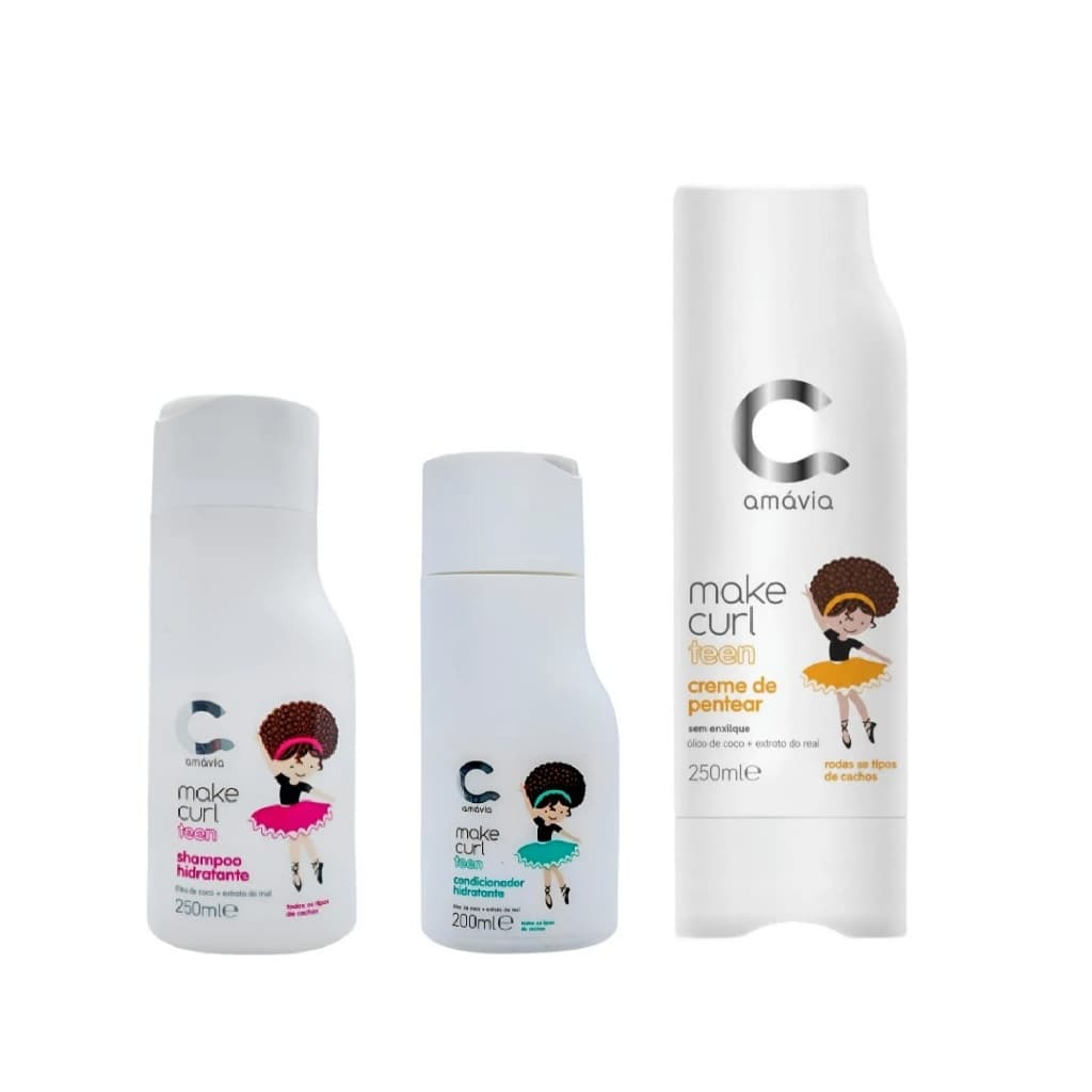 Amávia Kit Make Curl Kids Shampoo, condicionador e Creme de Pentear TEEN  -NOVA EMBALAGEM Hidratante