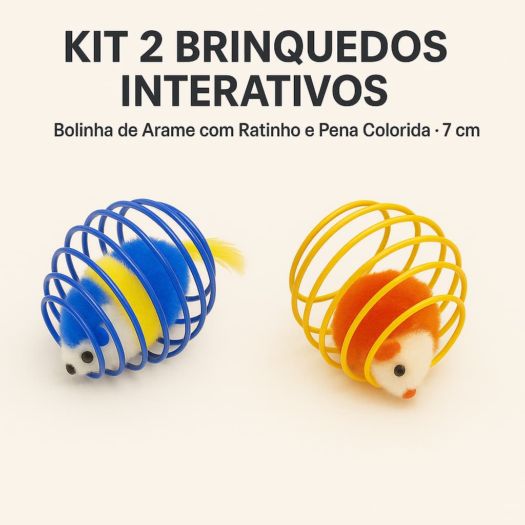 Brinquedo Interativo para Gato Bolinha de Arame com Ratinho e Pena Colorida Tamanho 7cm