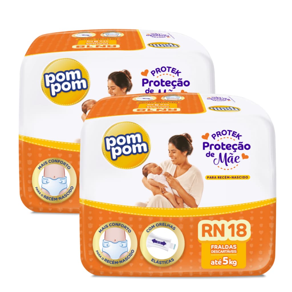 Fraldas Descartáveis Promoção Kit com 2 Pacotes Pompom Protek Proteção de Mãe Tam. RN - 36 Unidades