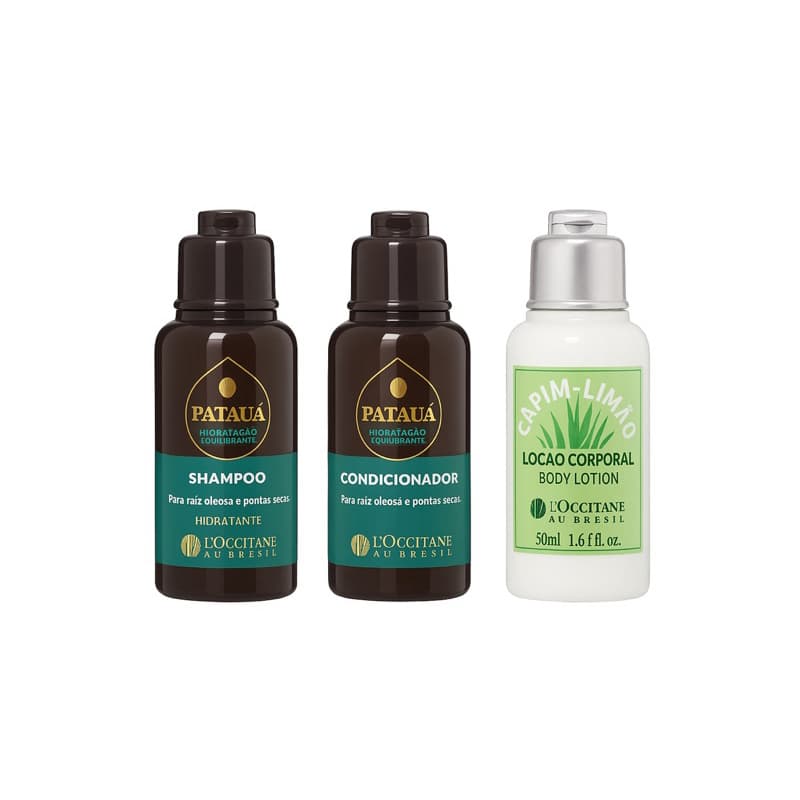 Kit minis para viagem (shampoo, condicionador patauá e loção hidratante capim-limão L’Occitane, 50ml cada)