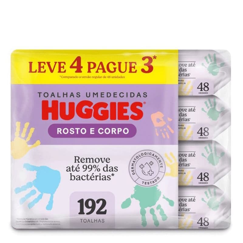 Kit Lenço Umedecido Infantil Huggies Rosto e Corpo 4 Pacotes com 48 Unidades