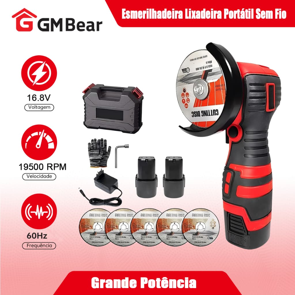 GM Bear Profissional Esmerilhadeira Lixadeira Portátil Sem Fio - Mini 75mm, 19500 RPM, Compacta e Versátil para