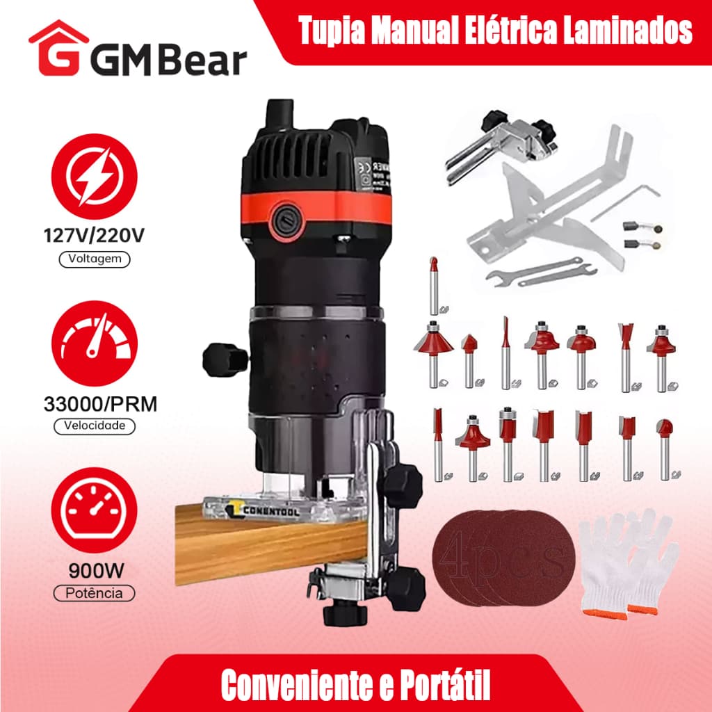 GM Bear Tupia Laminadora Manual 900W Profissional + Jogo de 15 Fresas 6.35mm  com Acabamento Profissional
