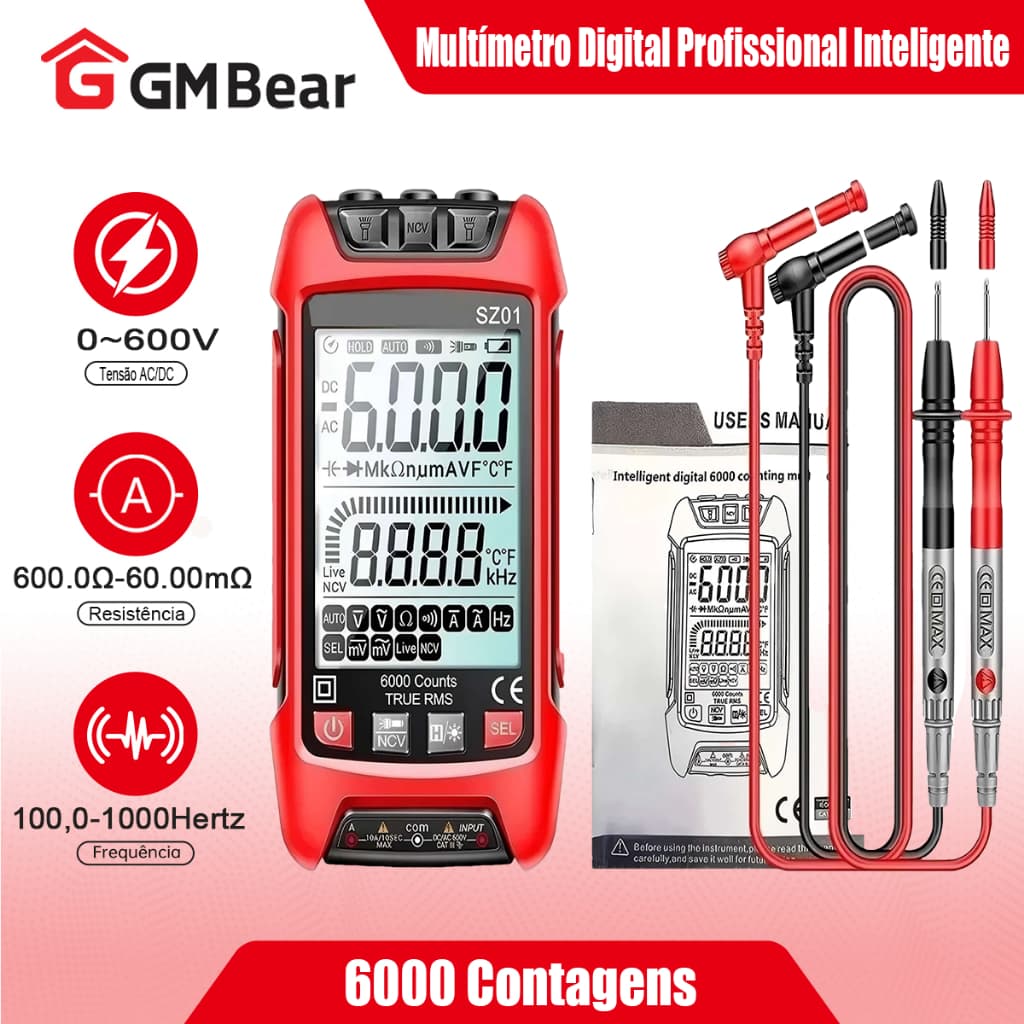 GM Bear Multímetro Digital Inteligente 6000 Contagens - Anti-queima,Automático, Precisão e Facilidade de