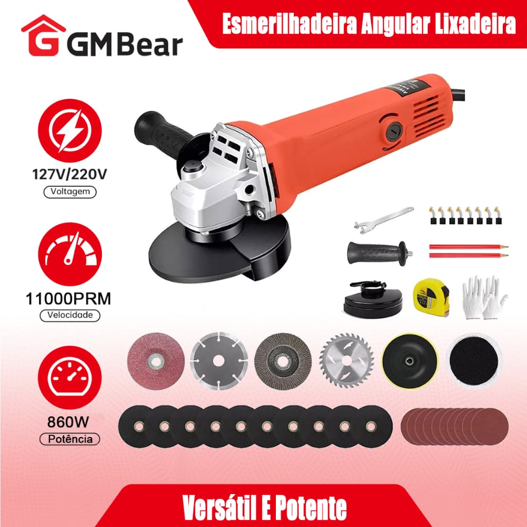 GM Bear Rebarbadora Completa Esmerilhadeira, Lixadeira e Politriz-Conjunto Bivolt 127V/220V, Versátil e Potente