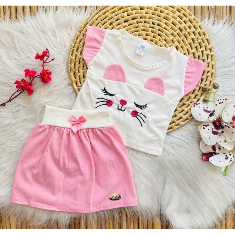 Conjunto romper Gatinha Blusa + saia para bebê menina verão calor