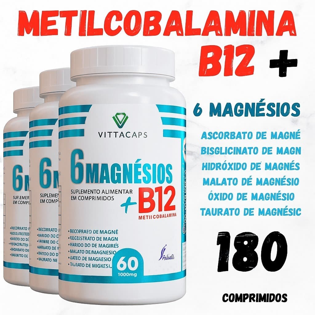 VITAMINA B12 METILCOBALAMINA +6 MAGNÉSIOS-AGORA EM 1 SÓ POTE | 60 CÁPSULAS 5OOmg O MAIS COMPLETO