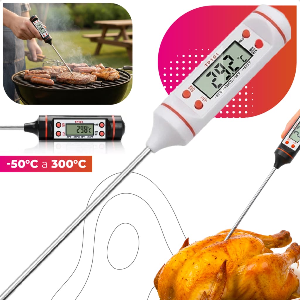 Termômetro Culinário Digital Espeto Profissional De Cozinha Para Medir Temperatura Alimentos Carnes Frios Em Aço Inox