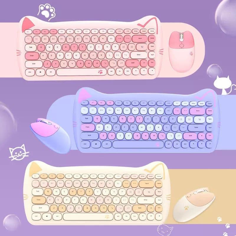 Teclado e Mouse Sem Fio Gatinho Fofo USB Colorido Candy Macio e Confortável  Para Pc Notbook Cores