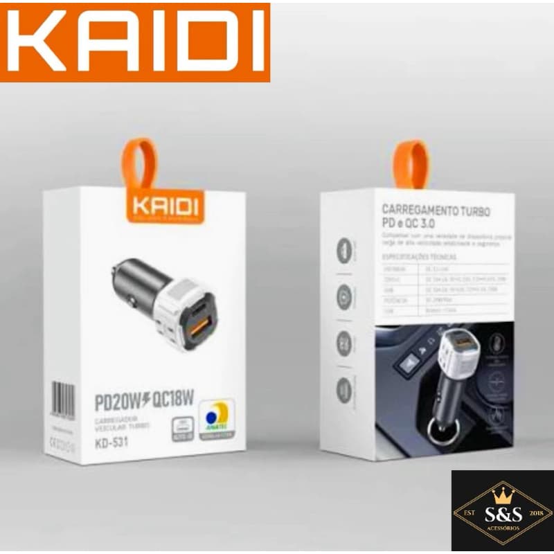 Carregadores Veicular Turbo 20W Tipo-C e USB Kaidi Brasil KD-531 100% Original