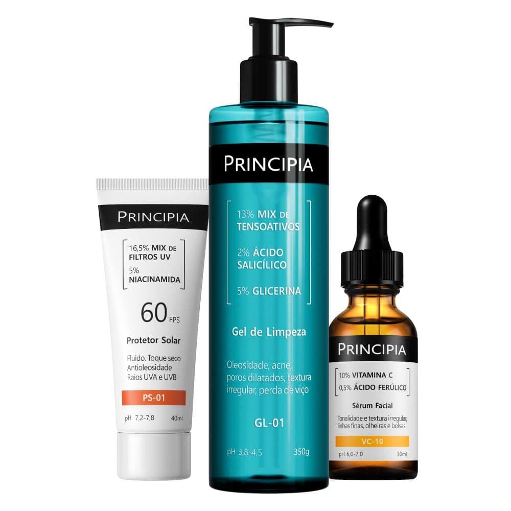 Principia Kit Rotina Diária c/ Gel de Limpeza GL-01 + Sérum Vitamina VC-10 + Protetor Solar Facial PS-01FPS 60