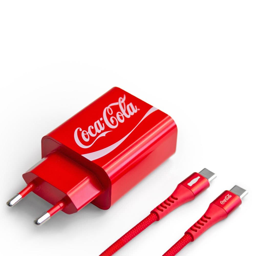 Kit Carregador Turbo USB-C 20W com Cabo USB-C Trançado Carregamento Rápido PD Vermelho Coca-Cola