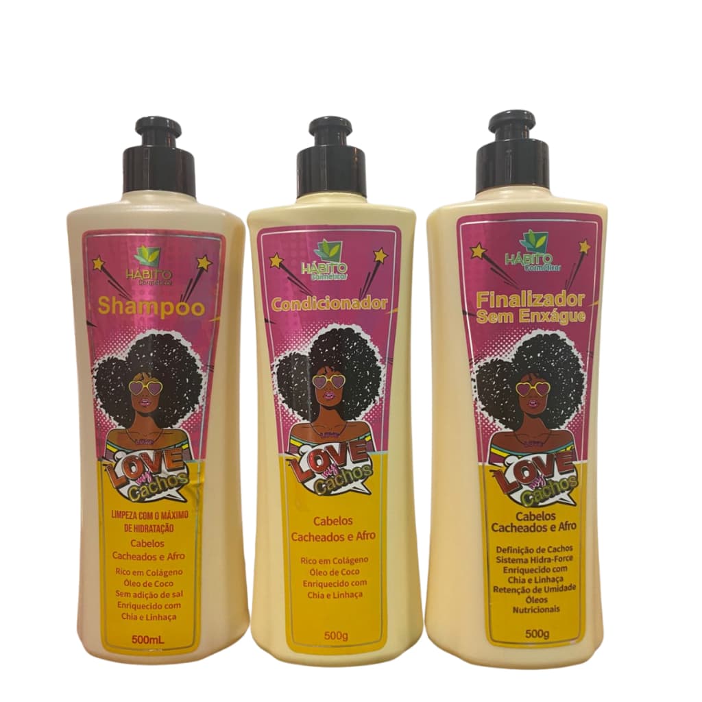 KIT SHAMPOO, CONDICIONADOR E FINALIZADOR HIDRATANTE LOVE MY CACHOS CABELOS CACHEADOS E AFROS