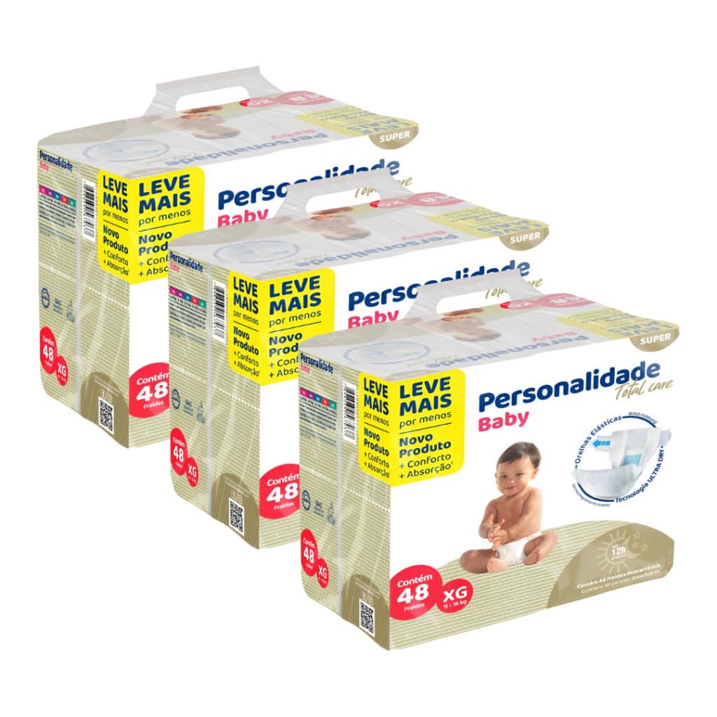 Fraldas Descartáveis na Promoção Kit com 3 Pacotes Personalidade Baby Total Care XG - 144 Unidades