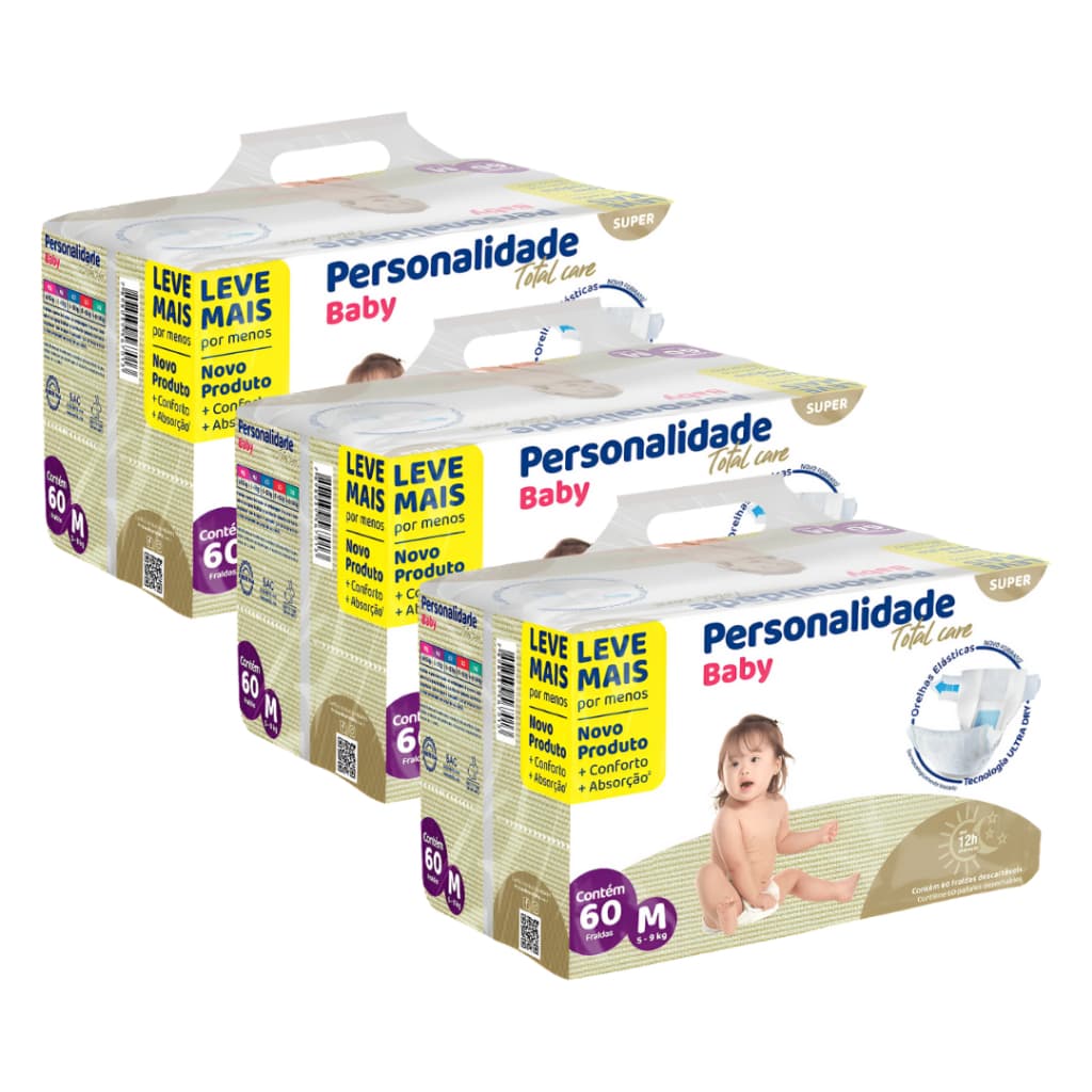 Fraldas Descartáveis na Promoção Kit com 3 Pacotes Personalidade Baby Total Care M - 180 Unidades